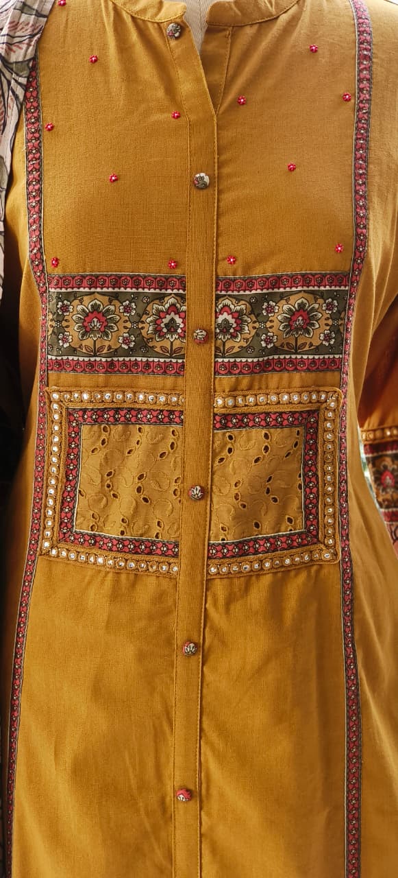 Luxury Flex  Cotton Kurta Embroidered Patterns and Embellishments Full Suit Set with Kalamkari Dupatta-12283