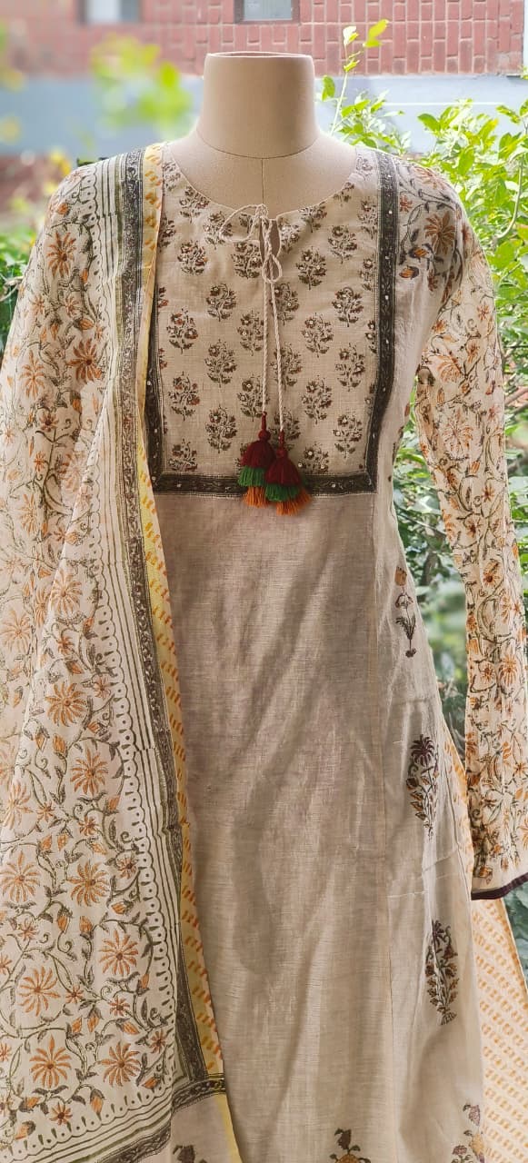 Premium Chanderi Cotton Anarkali with All-Over Traditional Print and kalamkari bottom and dupatta-12281