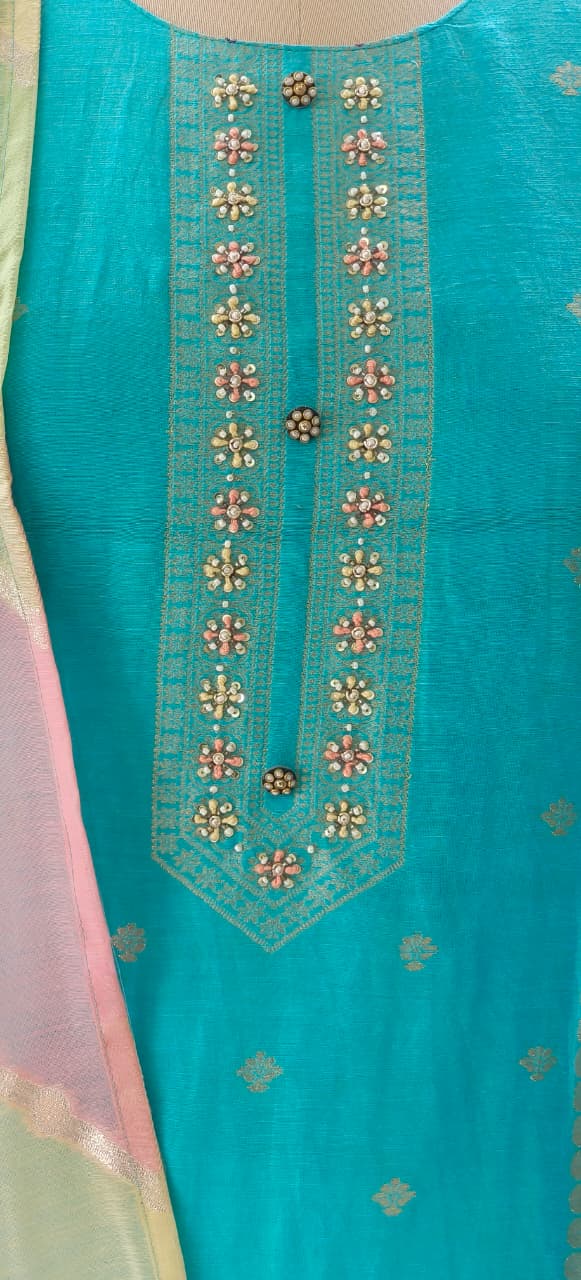 Pure Chanderi Silk Straight Kurta Set with Embroidery & Matching Colourful Dupatta Bottom-12282