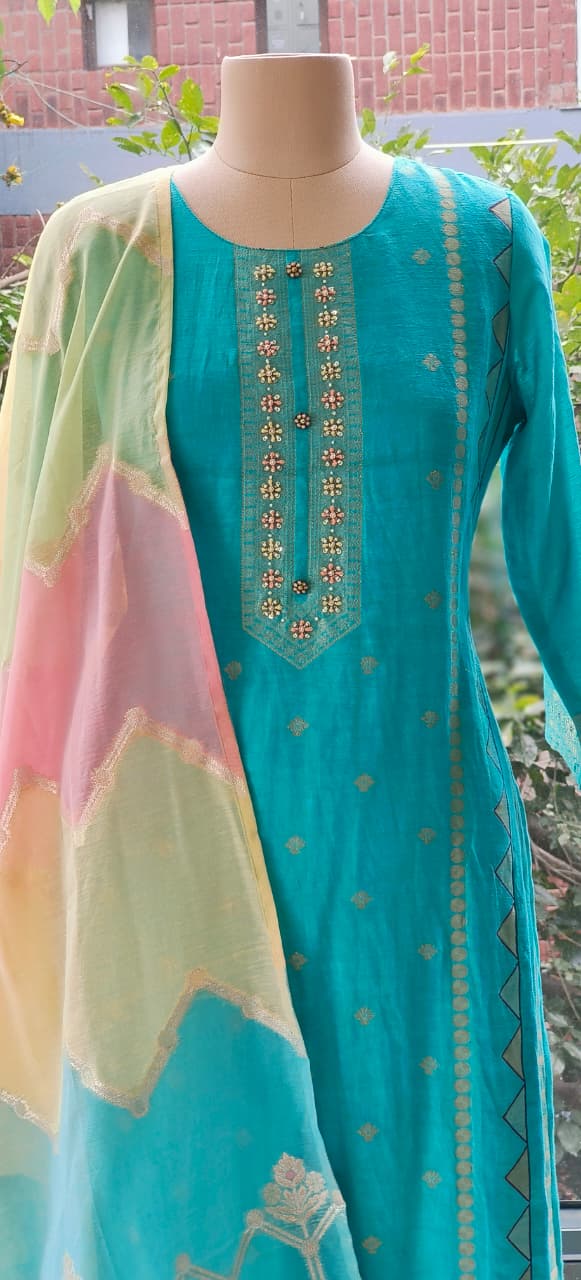 Pure Chanderi Silk Straight Kurta Set with Embroidery & Matching Colourful Dupatta Bottom-12282