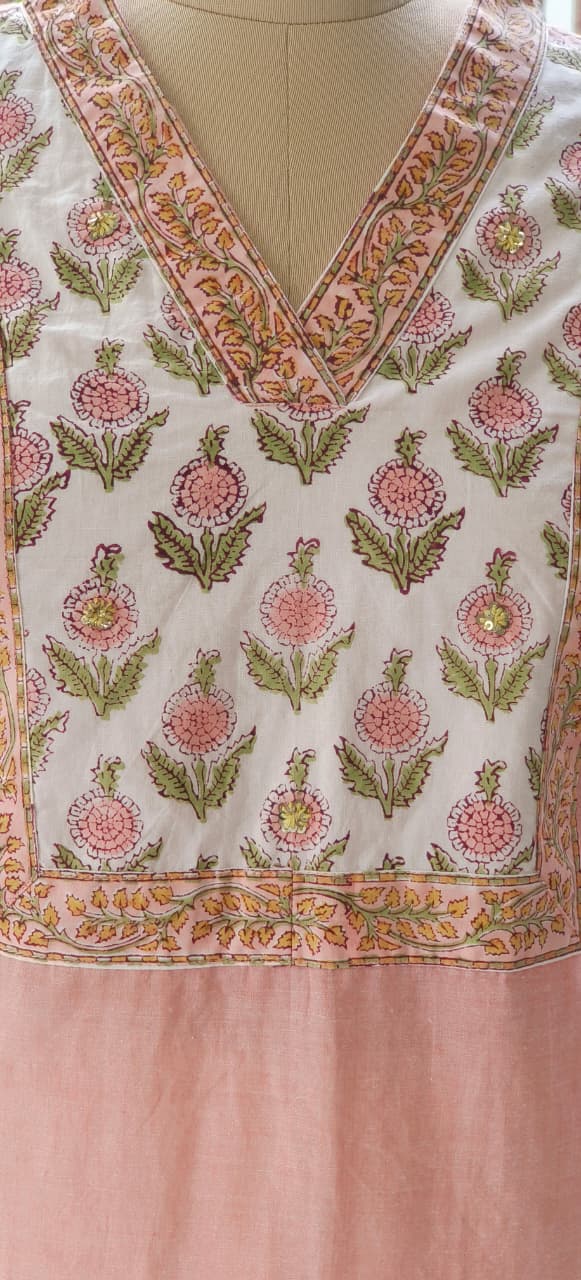 Block Print Yoke V Neck Premium Handloom Cotton Kurta With Bottom Full Set with Dupatta-12291,12293