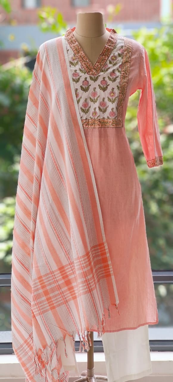 Block Print Yoke V Neck Premium Handloom Cotton Kurta With Bottom Full Set with Dupatta-12291,12293