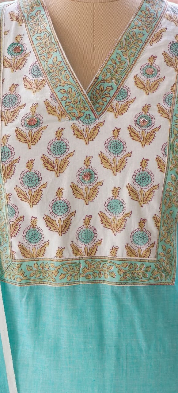 Block Print Yoke V Neck Premium Handloom Cotton Kurta With Bottom Full Set with Dupatta-12291,12293