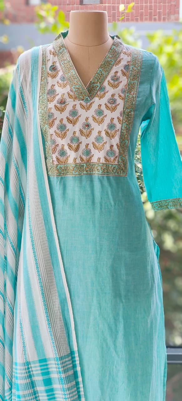 Block Print Yoke V Neck Premium Handloom Cotton Kurta With Bottom Full Set with Dupatta-12291,12293