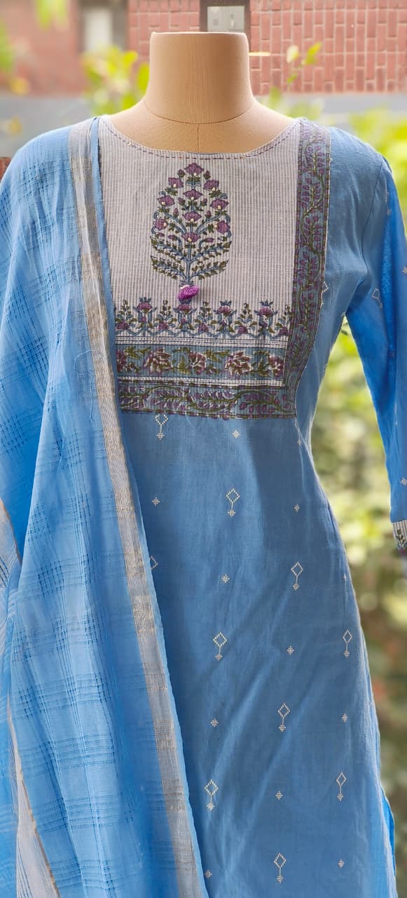 Embroidered Printed Yoke Premium Handloom Cotton Kurta Pant FullSet with Dupatta-12290,12289