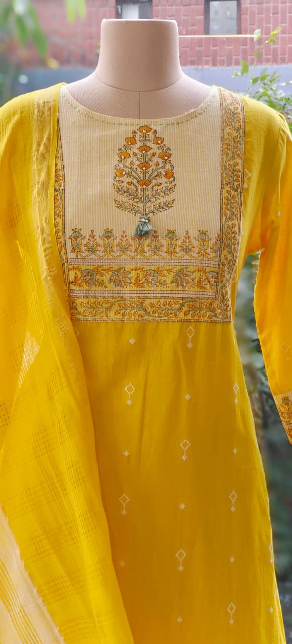 Embroidered Printed Yoke Premium Handloom Cotton Kurta Pant FullSet with Dupatta-12290,12289