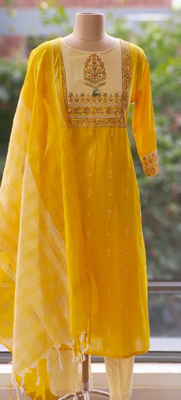 Embroidered Printed Yoke Premium Handloom Cotton Kurta Pant FullSet with Dupatta-12290,12289