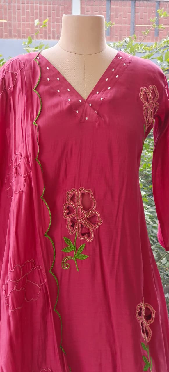 Surat Mul Chanderi Beautiful Cut Work V Neck Kurta with Bottom and Dupatta-12306,12305
