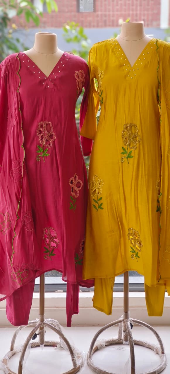 Surat Mul Chanderi Beautiful Cut Work V Neck Kurta with Bottom and Dupatta-12306,12305