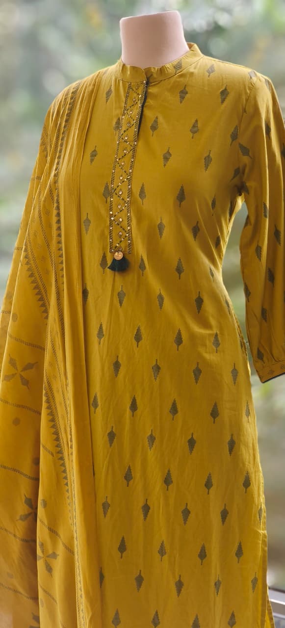 Handcrafted Cotton Kurta Set with Subtle Golden Motif Weave and Tassel Accents Full Suit Set-12326,12327