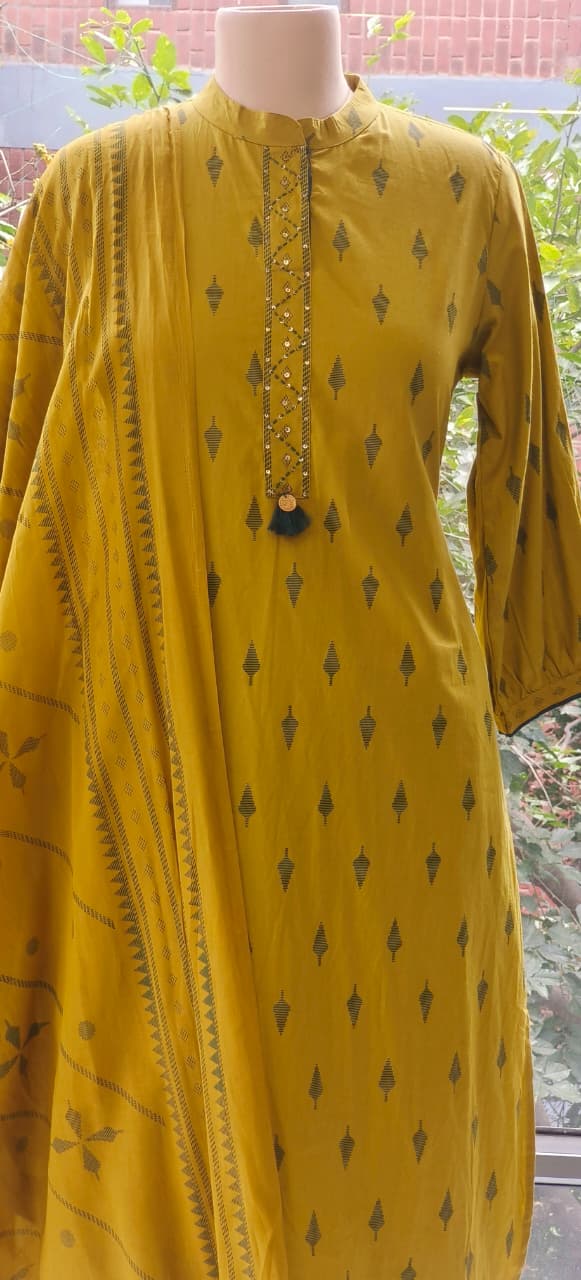 Handcrafted Cotton Kurta Set with Subtle Golden Motif Weave and Tassel Accents Full Suit Set-12326,12327