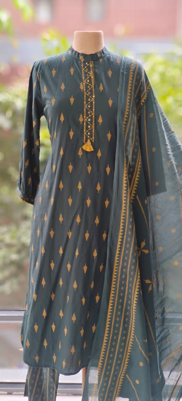 Handcrafted Cotton Kurta Set with Subtle Golden Motif Weave and Tassel Accents Full Suit Set-12326,12327