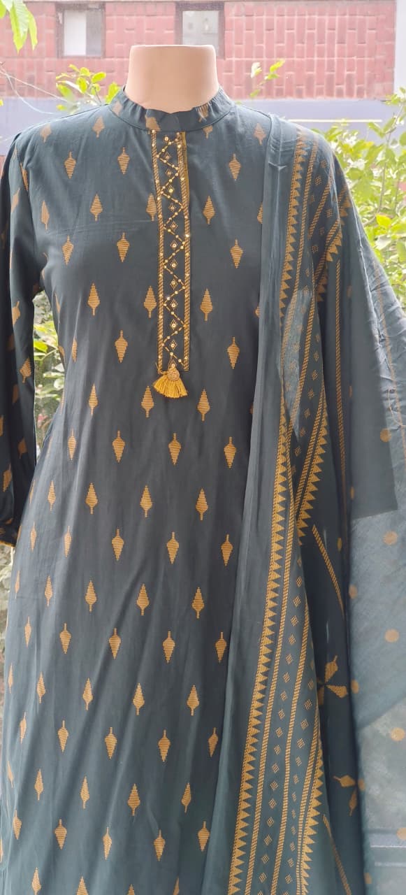 Handcrafted Cotton Kurta Set with Subtle Golden Motif Weave and Tassel Accents Full Suit Set-12326,12327