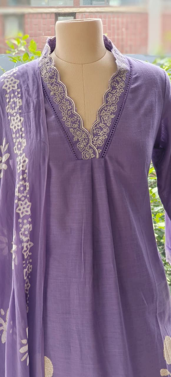 Aline Slight Elegant Cotton Embroidered Kurta Set with Lace Detailing on Neck and Sleeves-12244,12245,12246