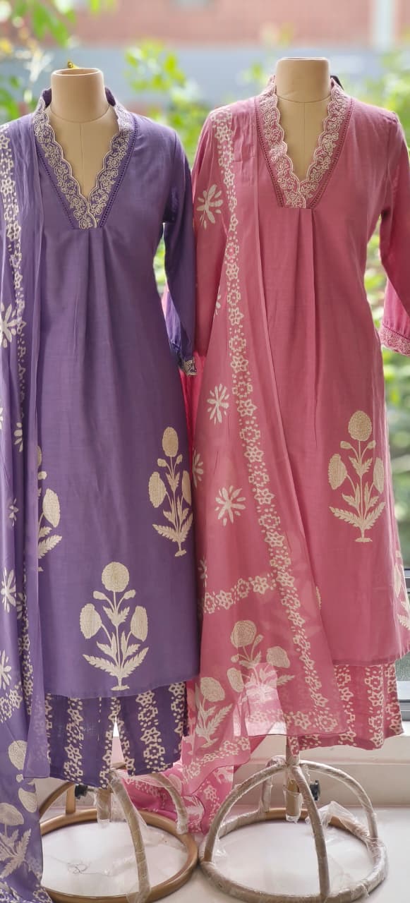 Aline Slight Elegant Cotton Embroidered Kurta Set with Lace Detailing on Neck and Sleeves-12244,12245,12246