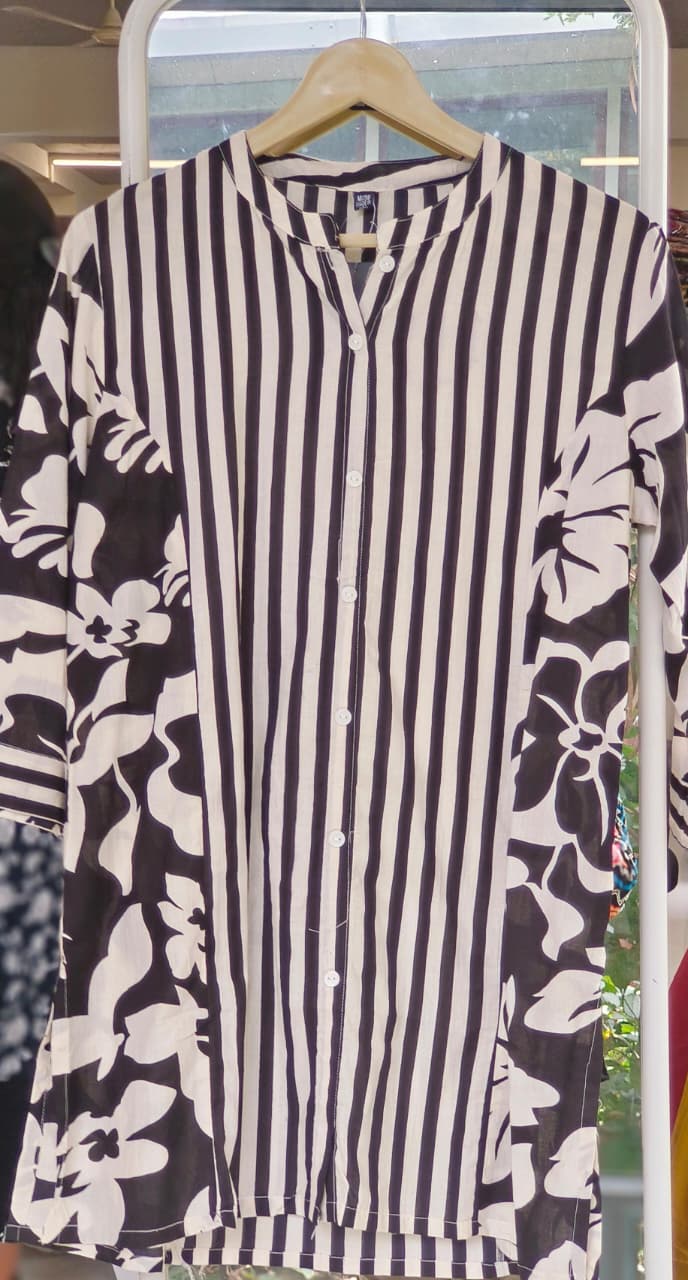 Pure Cotton Stripe with Floral Print Short Kurta-12323,