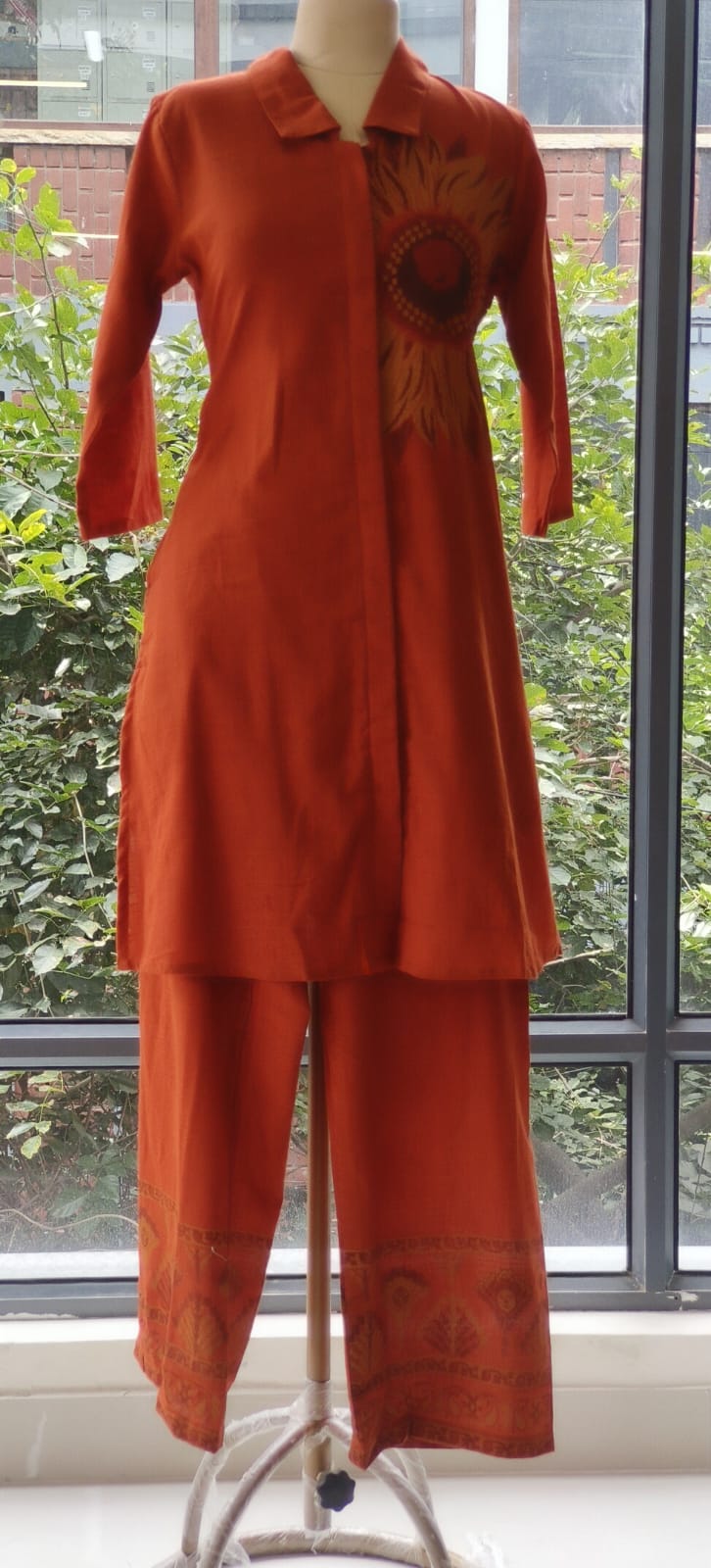 Cross Stitch Flower Print Collar Kurta With Taper Palazzo-12351,12350