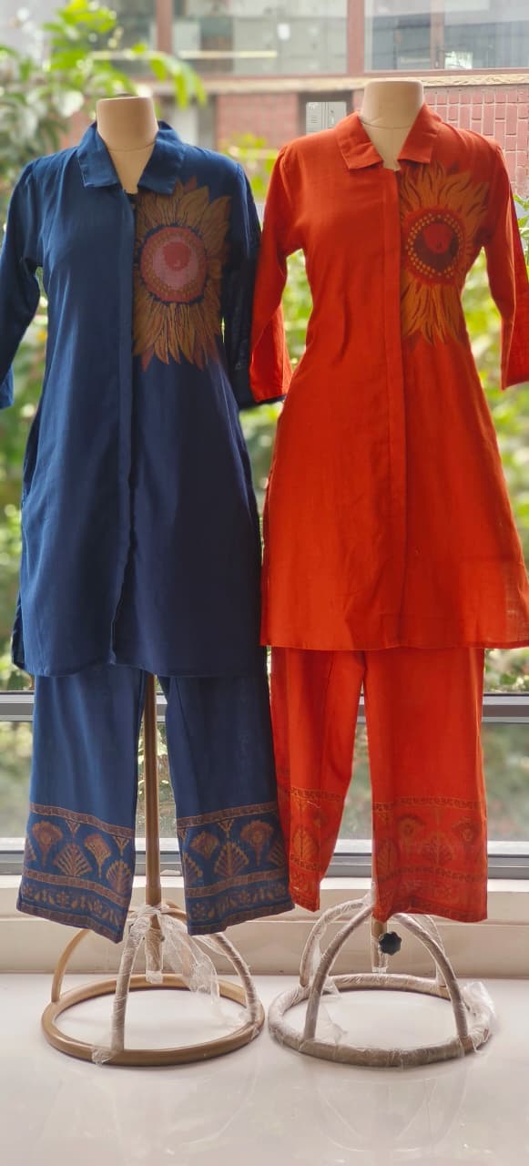 Cross Stitch Flower Print Collar Kurta With Taper Palazzo-12351,12350