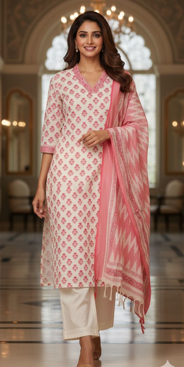 V Neck Handloom Cotton Kurta with 3/4th Sleeves, Matching Pants & Soft Cotton Ikkat Dupatta-12286