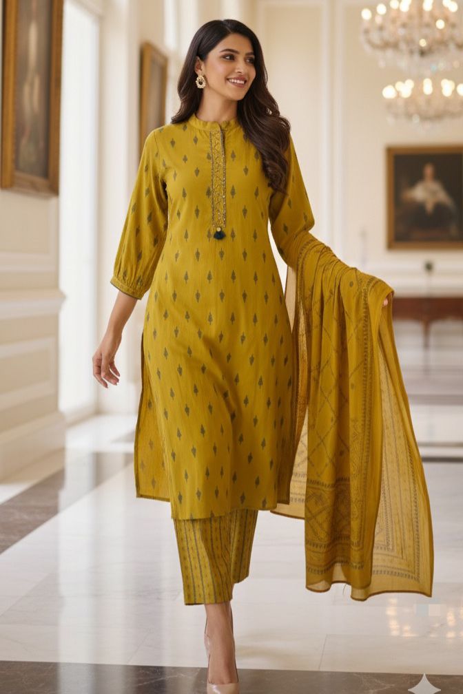 Handcrafted Cotton Kurta Set with Subtle Golden Motif Weave and Tassel Accents Full Suit Set-12326,12327