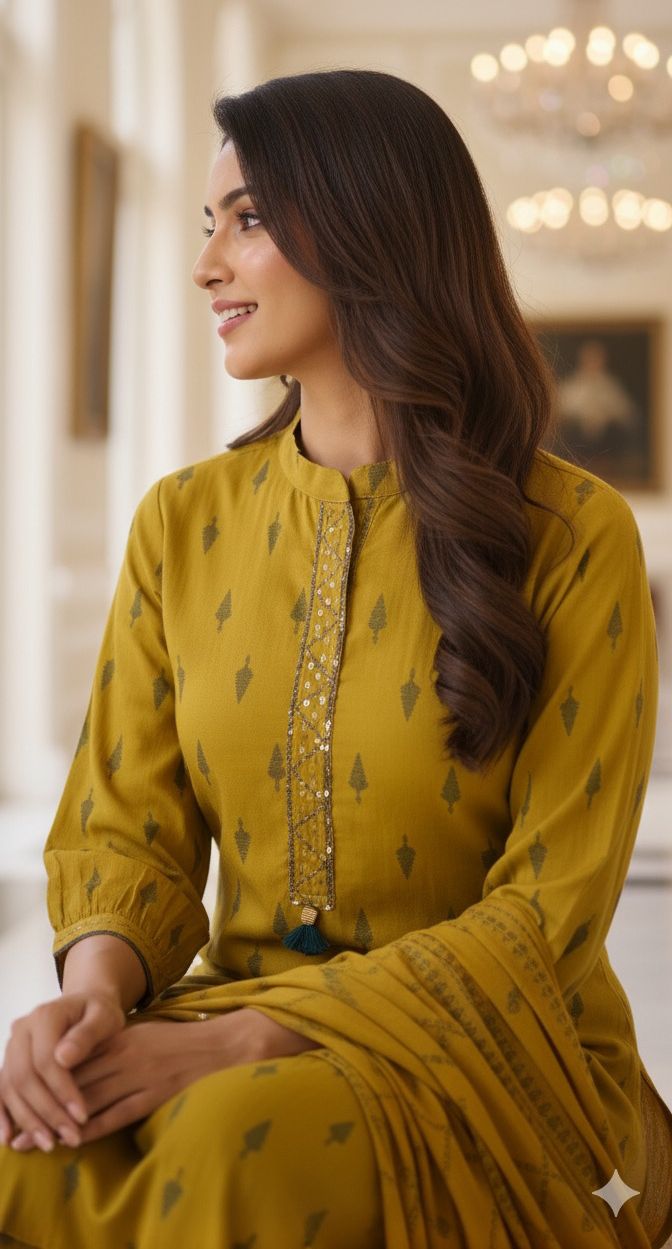 Handcrafted Cotton Kurta Set with Subtle Golden Motif Weave and Tassel Accents Full Suit Set-12326,12327