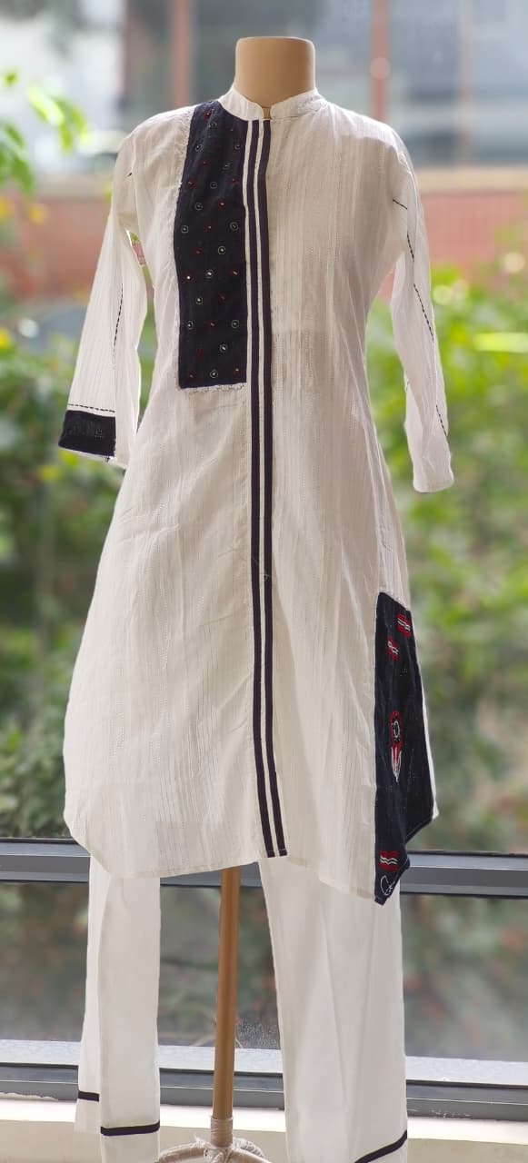 Balck And White Patch Work Summer Style Kurta Pant-12334