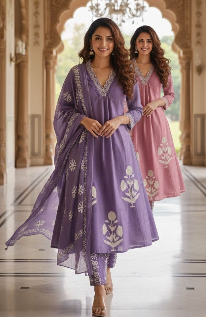 Aline Slight Elegant Cotton Embroidered Kurta Set with Lace Detailing on Neck and Sleeves-12244,12245,12246