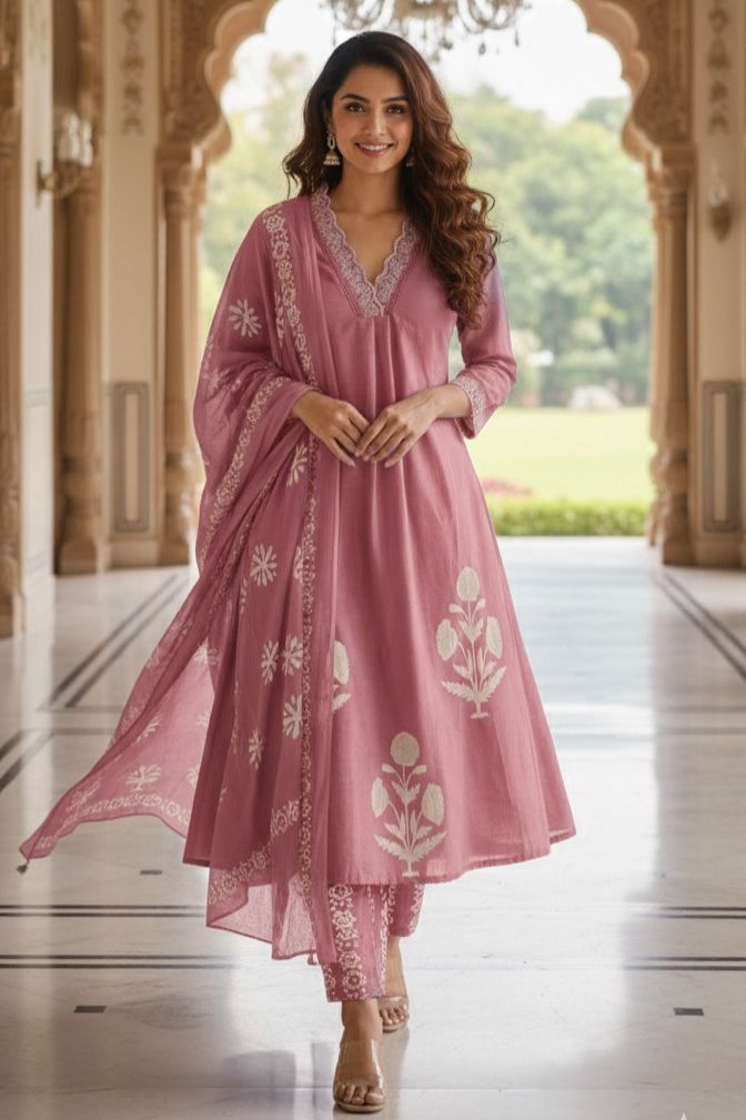 Aline Slight Elegant Cotton Embroidered Kurta Set with Lace Detailing on Neck and Sleeves-12244,12245,12246