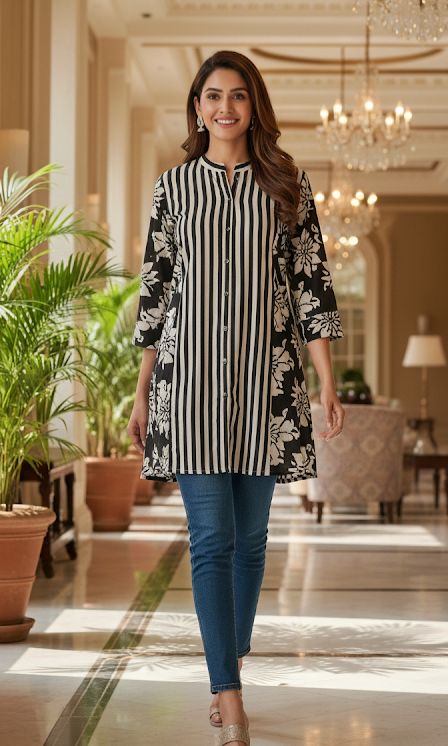 Pure Cotton Stripe with Floral Print Short Kurta-12323,