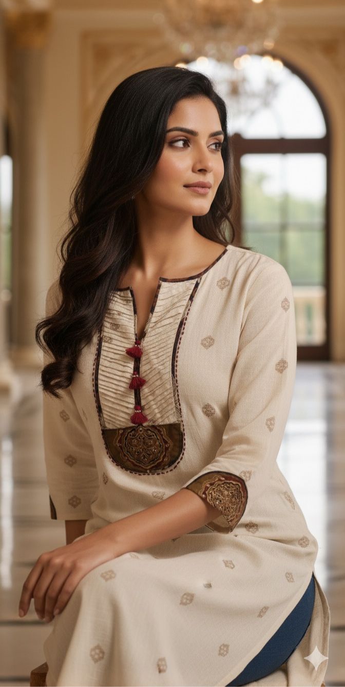 Weaving Tassel On Neck Flex  Cotton Printed Only Kurti-12279