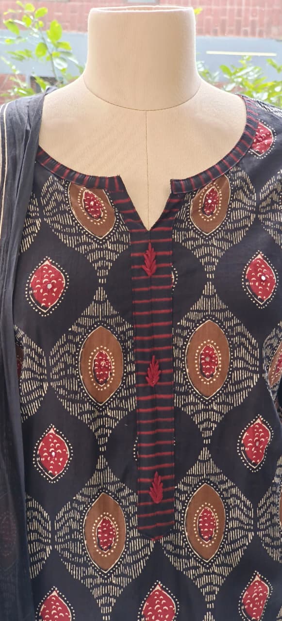 Pure Cotton Block Printed Straight Suit Set with Contrast Striped Dupatta-12242,12239