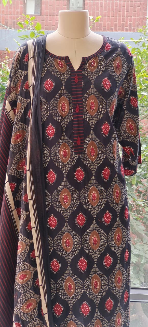 Pure Cotton Block Printed Straight Suit Set with Contrast Striped Dupatta-12242,12239