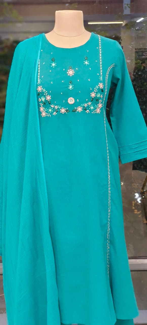 Pure Handloom Cotton Straight Kurta Set with Delicate Thread Embroidery & Matching Dupatta And Bottom-12211,12330