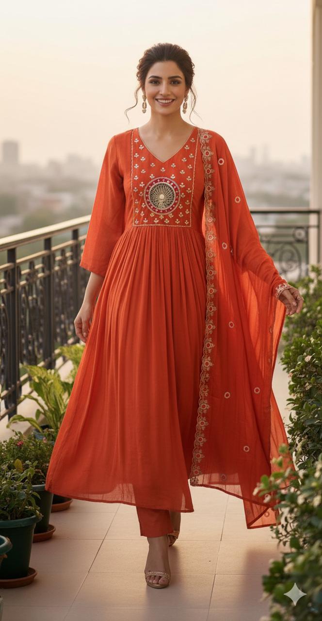Aline Surat Mul Chanderi Beautiful Embroidered Yoke with Bottom and Dupatta-12340/12401