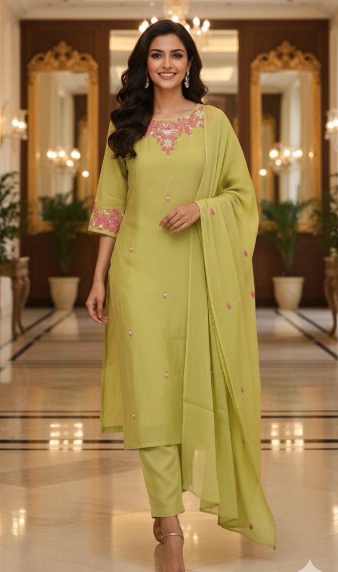 Surat Mul Chanderi Floral Embroidered Kurta Pant And Dupatta-12259,12260,12261