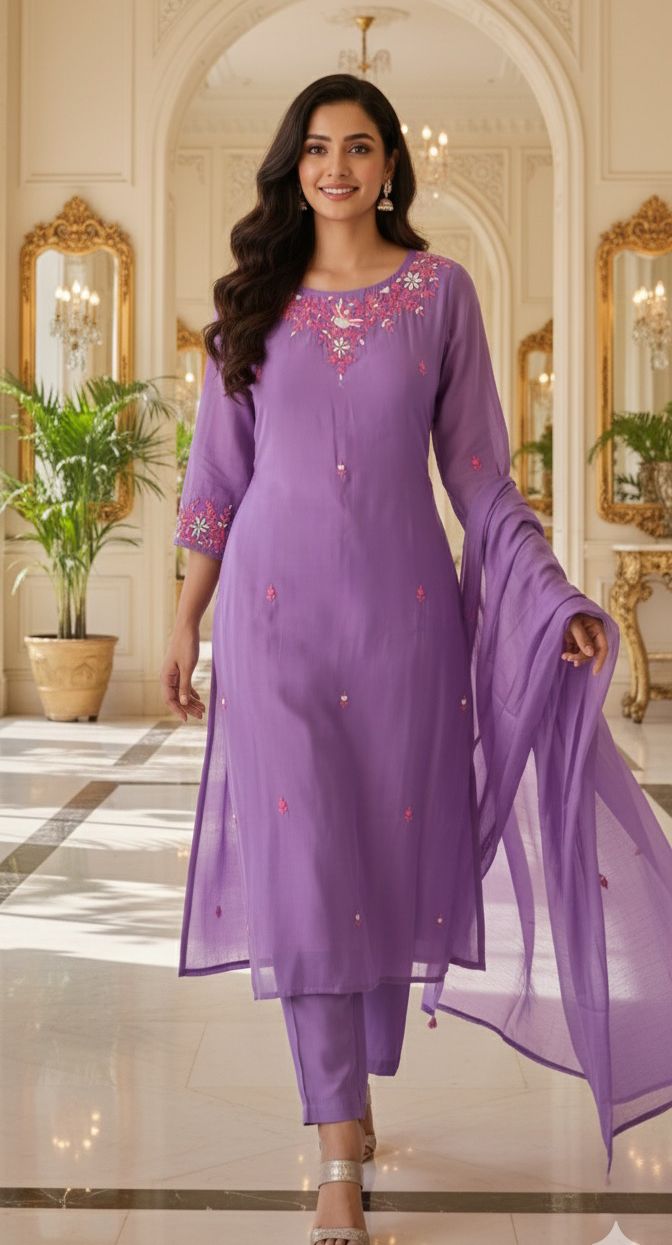 Surat Mul Chanderi Floral Embroidered Kurta Pant And Dupatta-12259,12260,12261