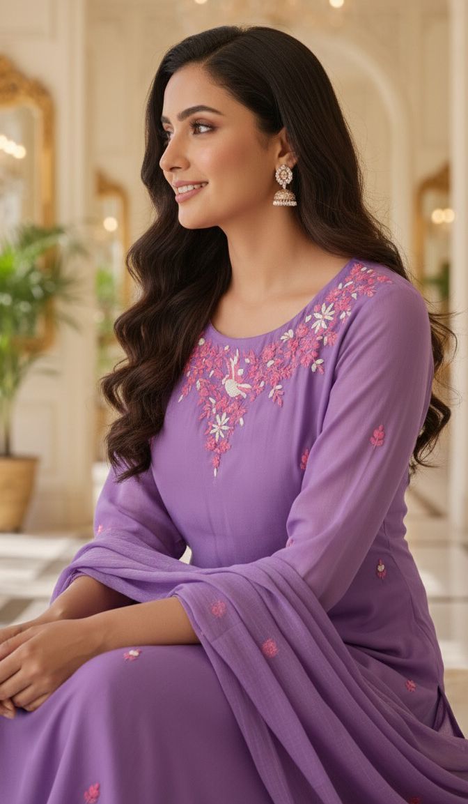 Surat Mul Chanderi Floral Embroidered Kurta Pant And Dupatta-12259,12260,12261