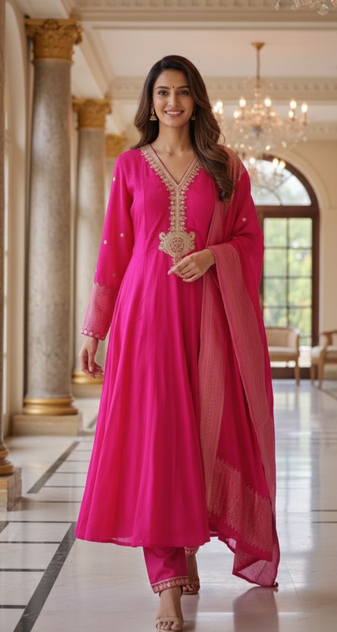 Premium Silk Anarkali Kurta Set Adorned with Detailed Golden Thread Embroidery and Coordinated Dupatta