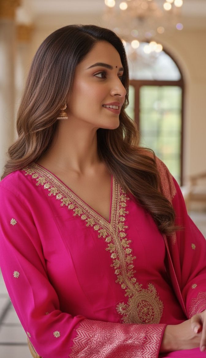 Premium Silk Anarkali Kurta Set Adorned with Detailed Golden Thread Embroidery and Coordinated Dupatta