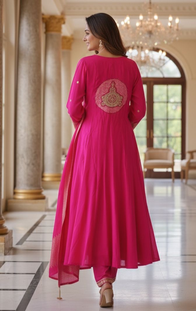 Premium Silk Anarkali Kurta Set Adorned with Detailed Golden Thread Embroidery and Coordinated Dupatta