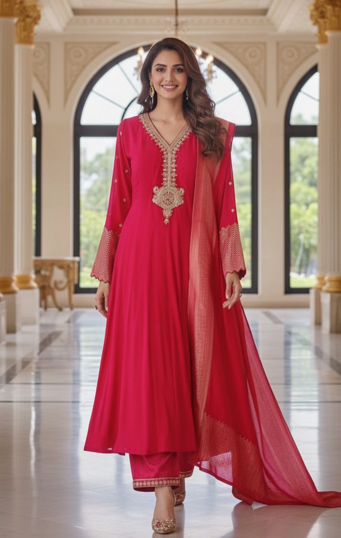 Premium Silk Anarkali Kurta Set Adorned with Detailed Golden Thread Embroidery and Coordinated Dupatta