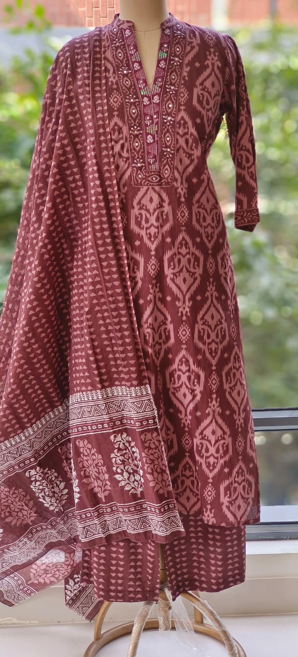 Printed  Ajrakh Inspired Cotton Suit Set with Handblock Dupatta-12303,12302
