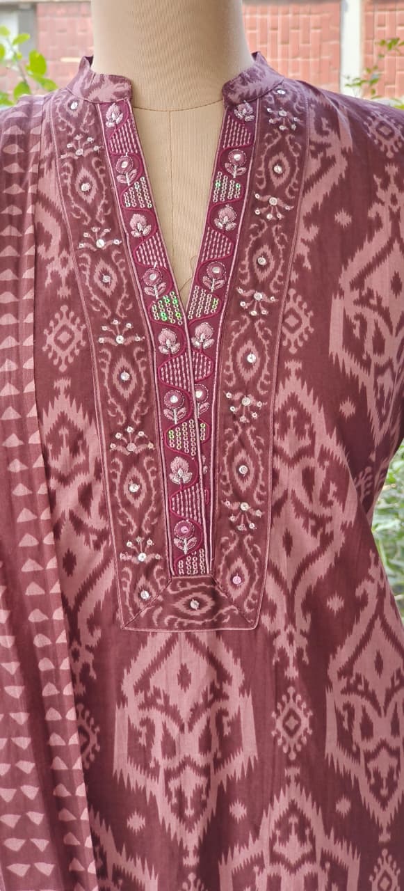 Printed  Ajrakh Inspired Cotton Suit Set with Handblock Dupatta-12303,12302