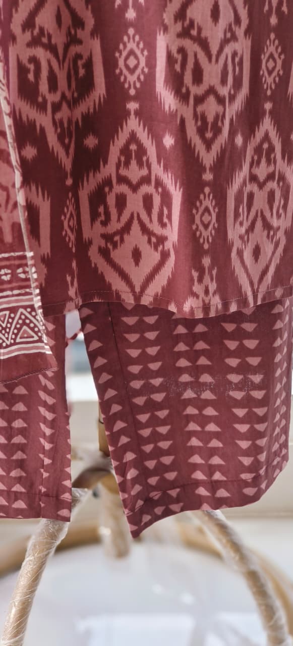 Printed  Ajrakh Inspired Cotton Suit Set with Handblock Dupatta-12303,12302