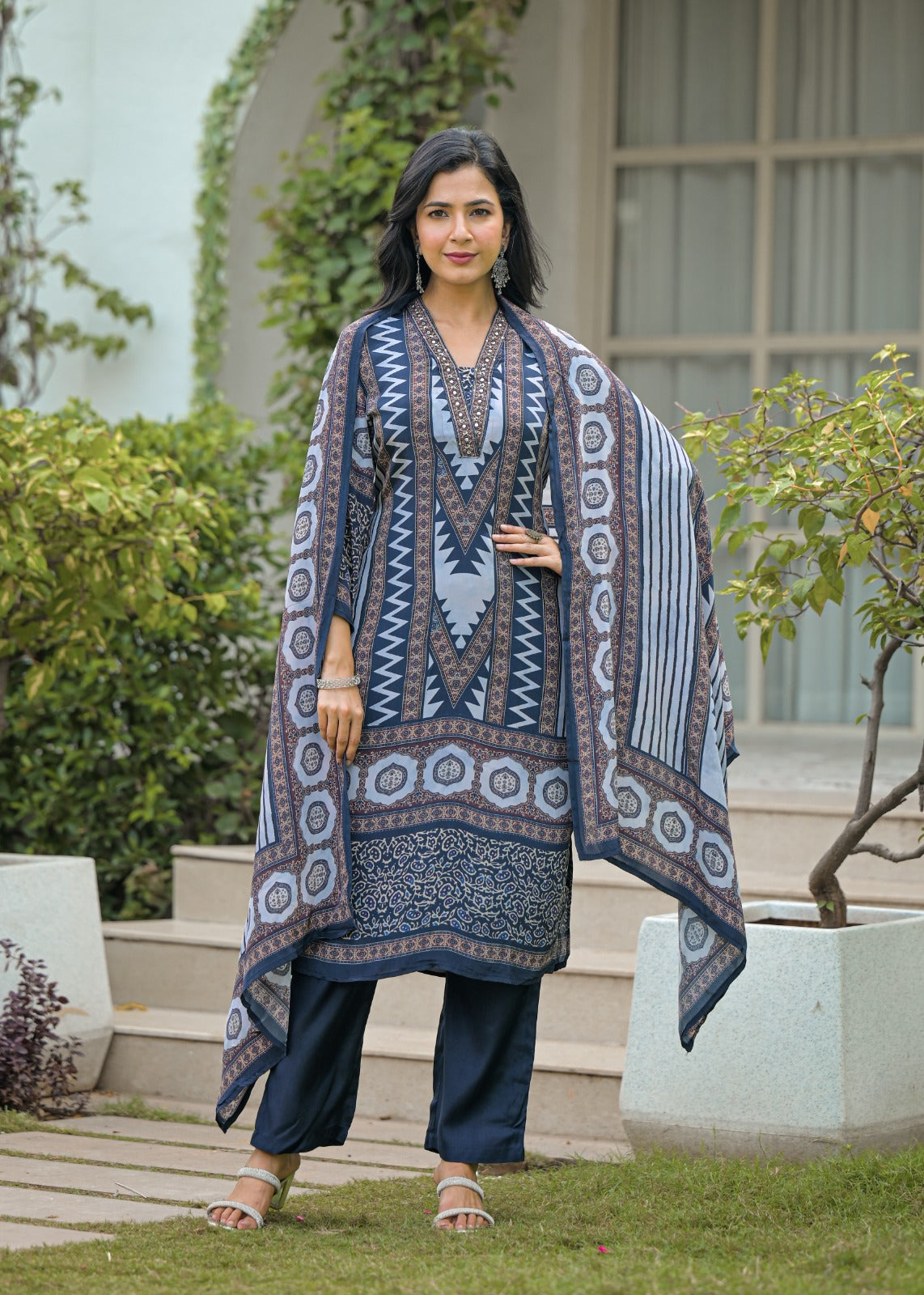 Abstract Print Crepe Full Suit With Printed Dupatta Set-12220