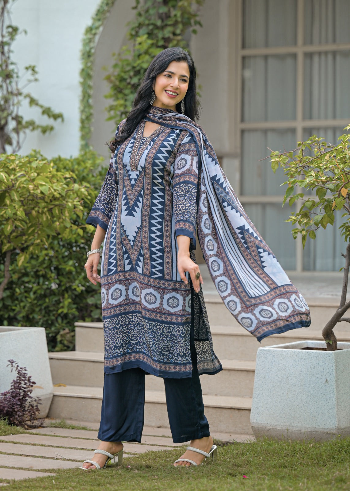 Abstract Print Crepe Full Suit With Printed Dupatta Set-12220