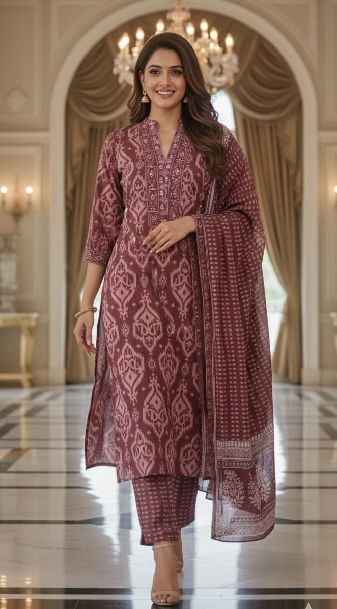 Printed  Ajrakh Inspired Cotton Suit Set with Handblock Dupatta-12303,12302