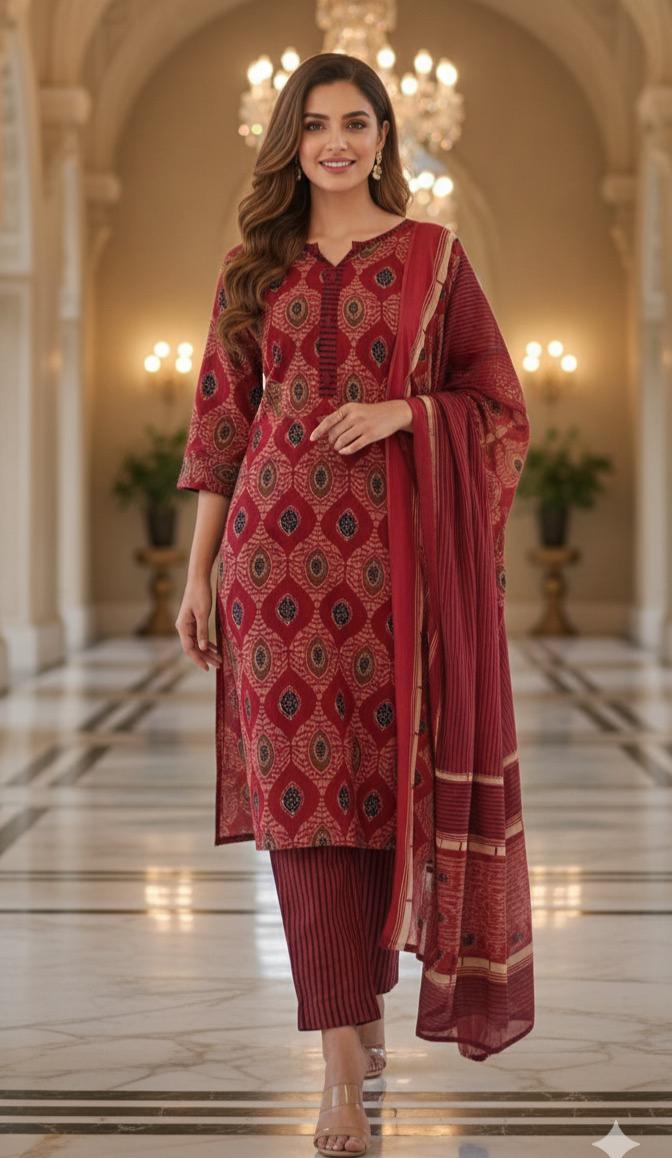 Pure Cotton Block Printed Straight Suit Set with Contrast Striped Dupatta-12242,12239