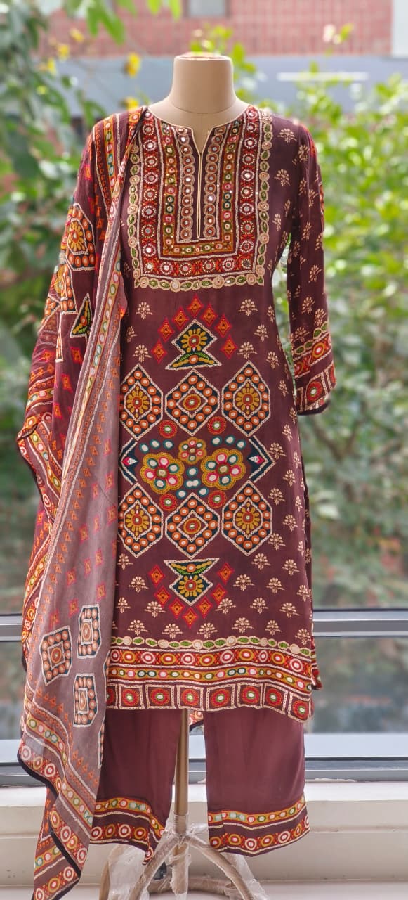 Premium Soft Crepe Straight Suit Featuring Multicolor Traditional Print, Detailed Neck Pattern and Printed Dupatta-12233