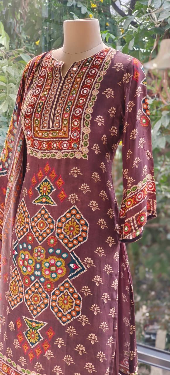 Premium Soft Crepe Straight Suit Featuring Multicolor Traditional Print, Detailed Neck Pattern and Printed Dupatta-12233